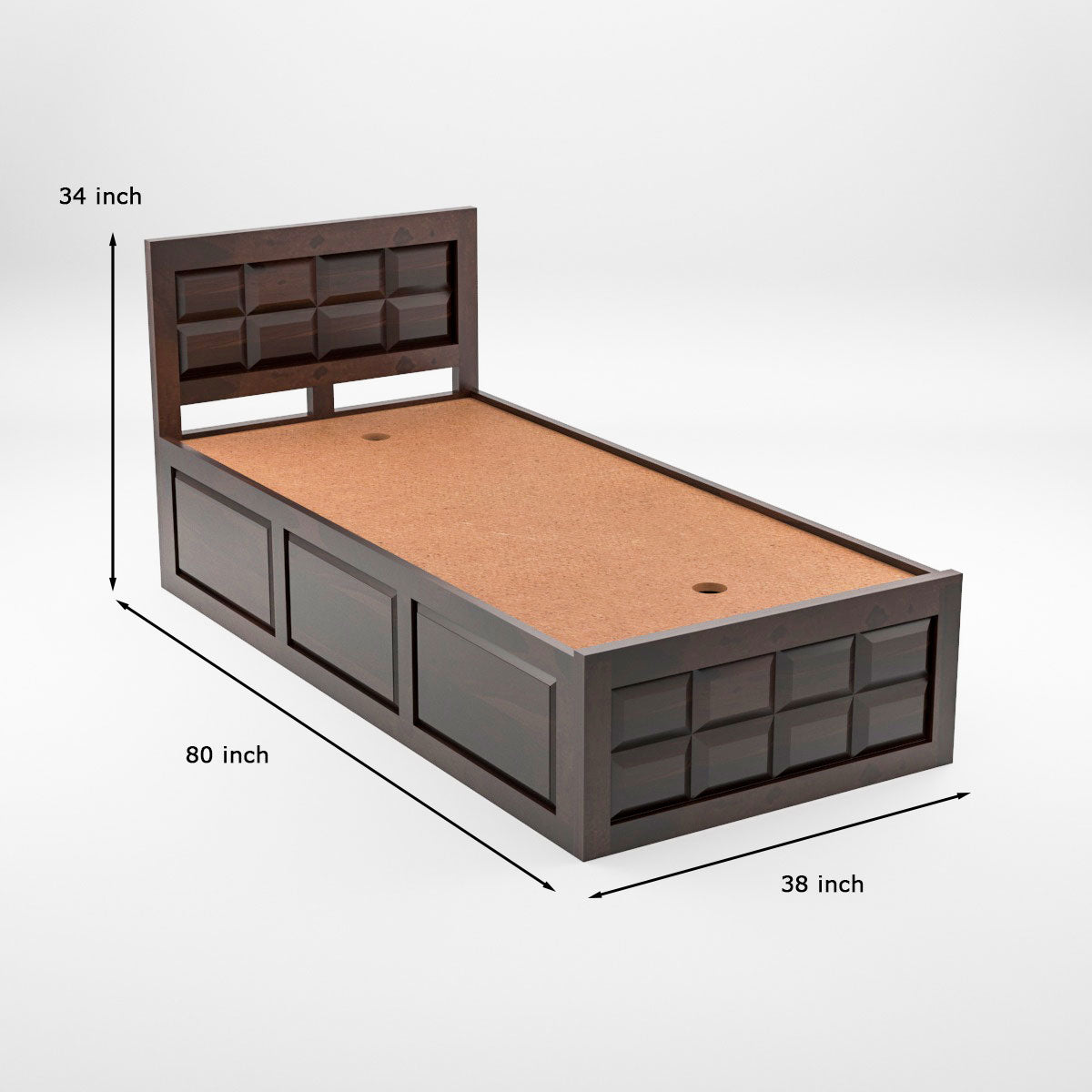 Solid Wood Single Bed with Box Storage & Geometric Panel Design
