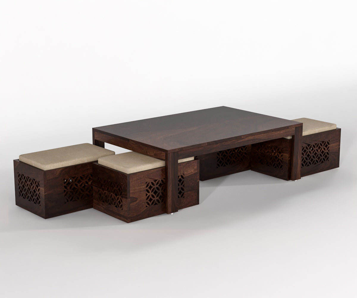 Solid Wood Coffee Table with 4 Stools
