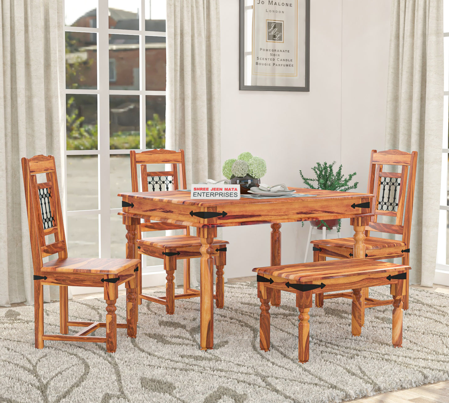 Solid Wood 4 Seater Dining Table Set with 3 Chairs & 1 Bench