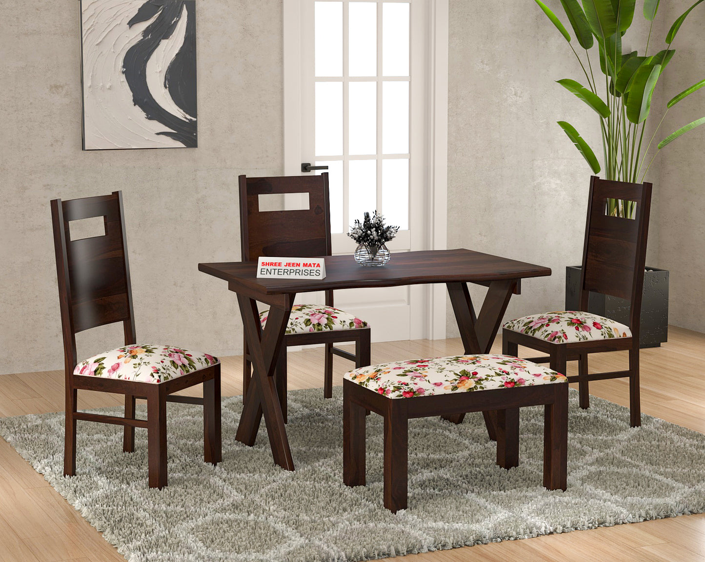 Solid Wood 4 Seater Dining Table Set with 3 Chairs & 1 Upholstered Bench