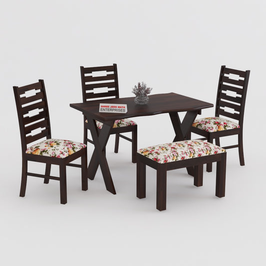 Solid Wood 4 Seater Dining Table Set with 3 Cushioned Chairs and 1 Upholstered Bench
