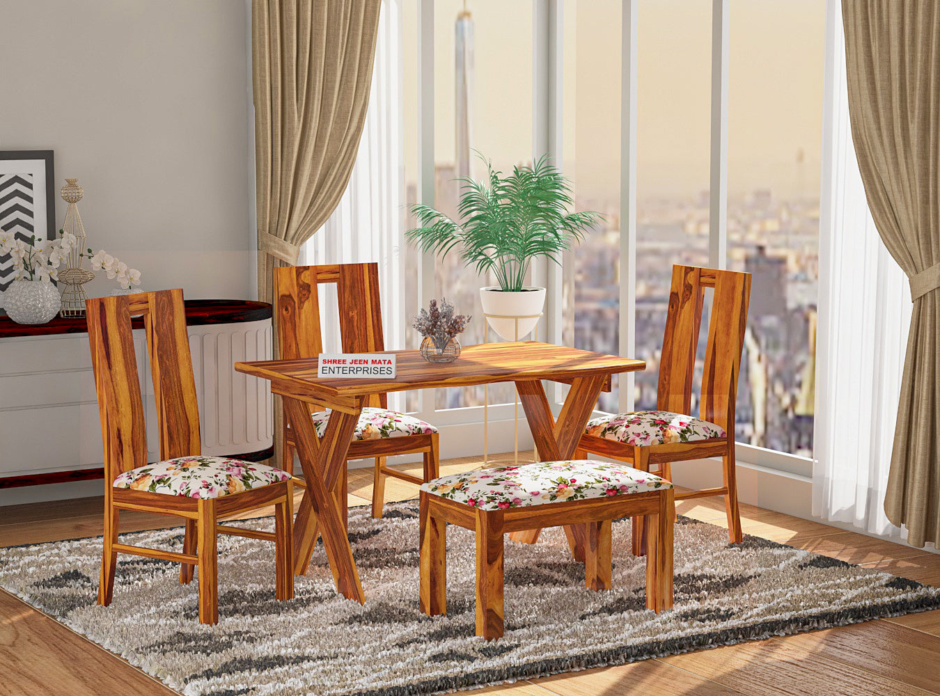Solid Wood 4 Seater Dining Table Set | 3 Cushioned Chairs & 1 Bench
