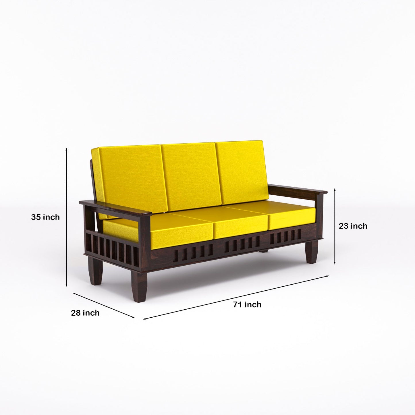 Solid Wood Three Seater Sofa with Cushioned Seating | Natural & Walnut Finish Wooden Sofa