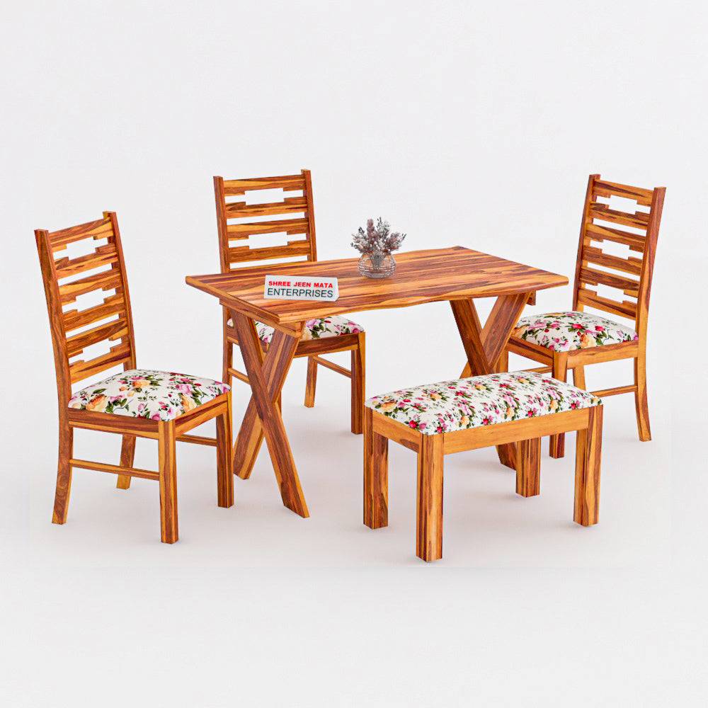 Solid Wood 4 Seater Dining Table Set with 3 Cushioned Chairs and 1 Upholstered Bench