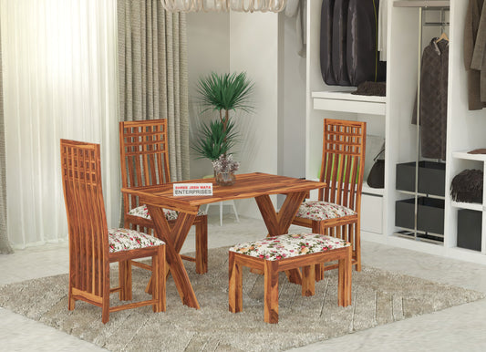 Solid Wood 4 Seater Dining Table Set with Foam Cushioned Chairs & Bench
