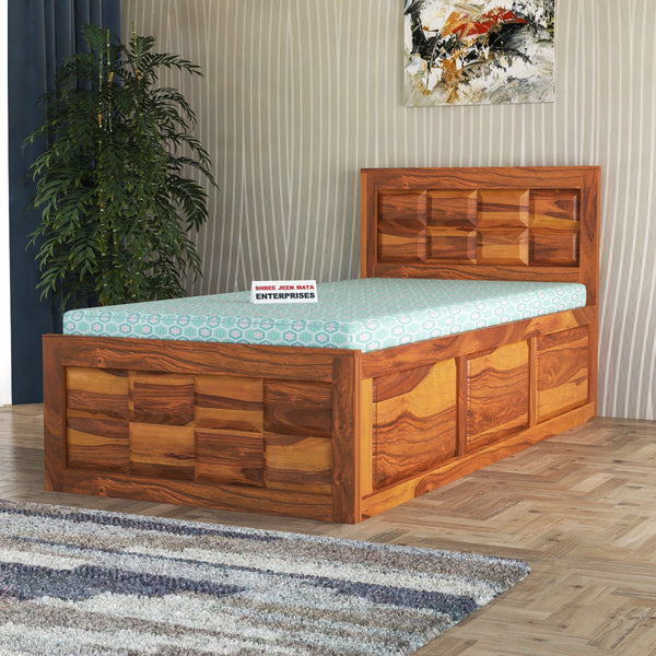 Solid Wood Single Bed with Box Storage & Geometric Panel Design