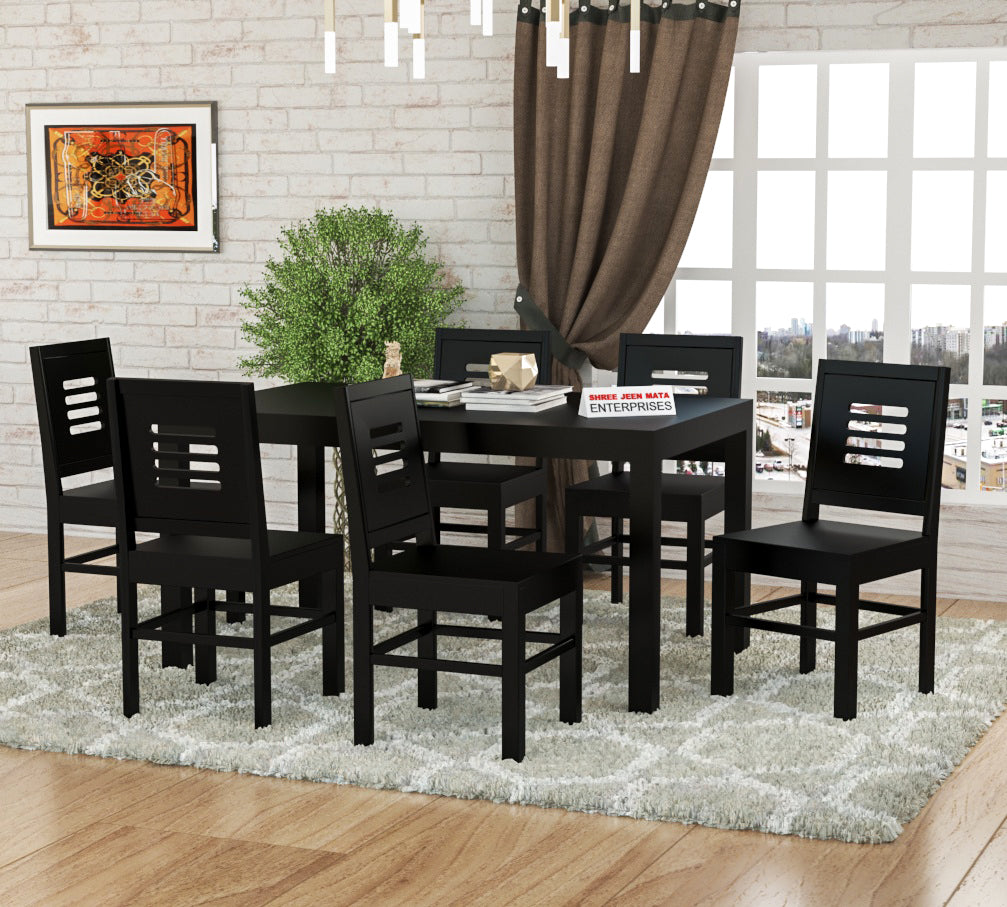 Solid Wood 6 Seater Dining Table Set with Cushioned Chairs