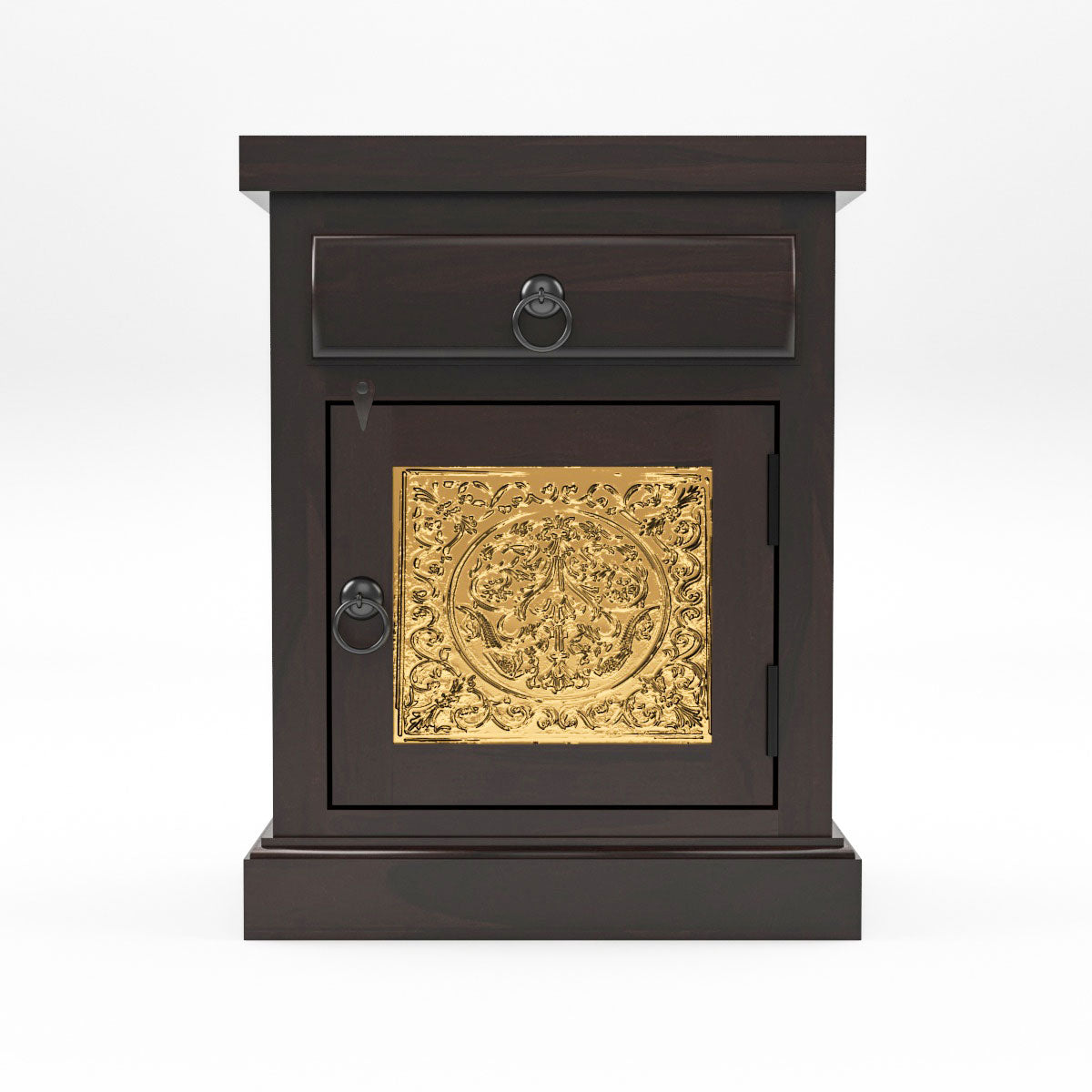 Solid Sheesham Wood Bedside Table with Drawer & Cabinet | Brass Inlay Door