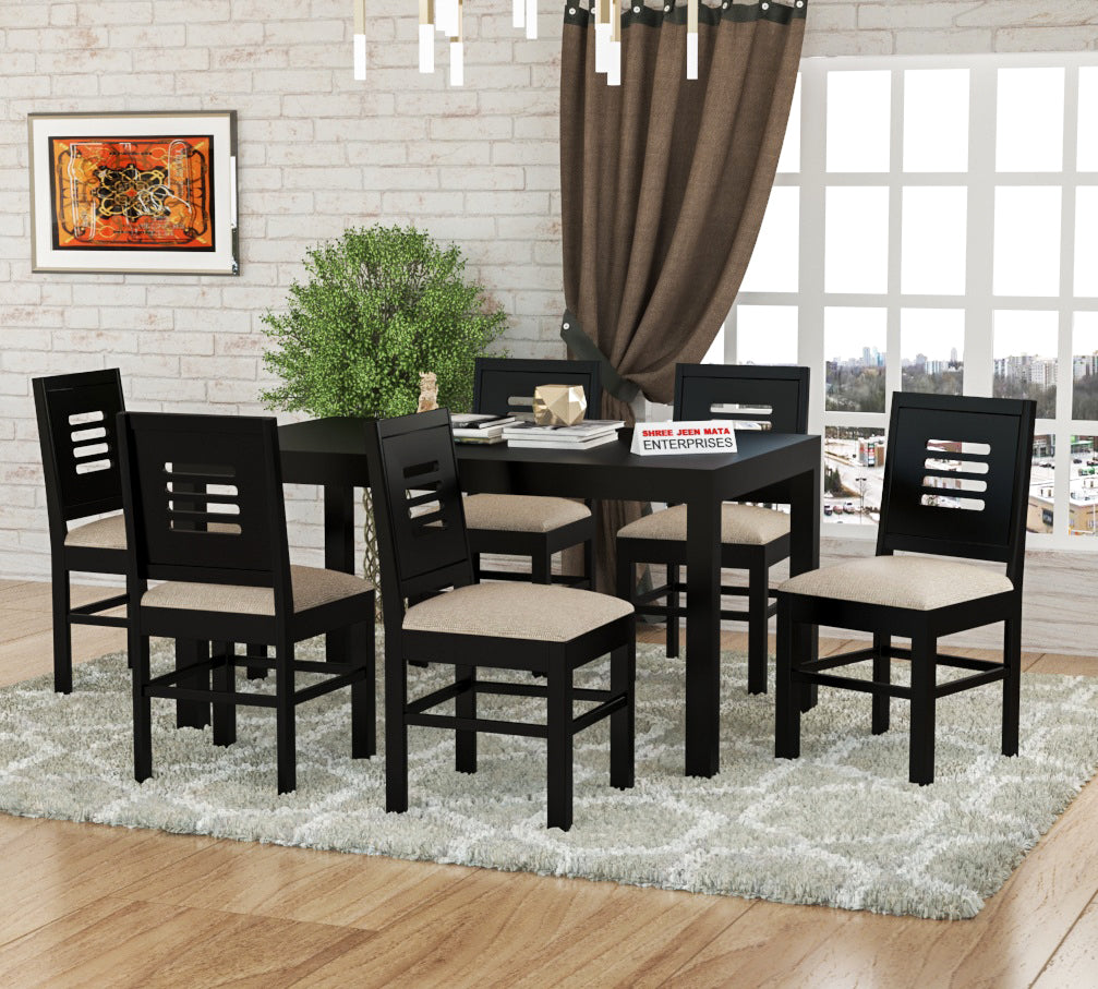 Solid Wood 6 Seater Dining Table Set with Cushioned Chairs
