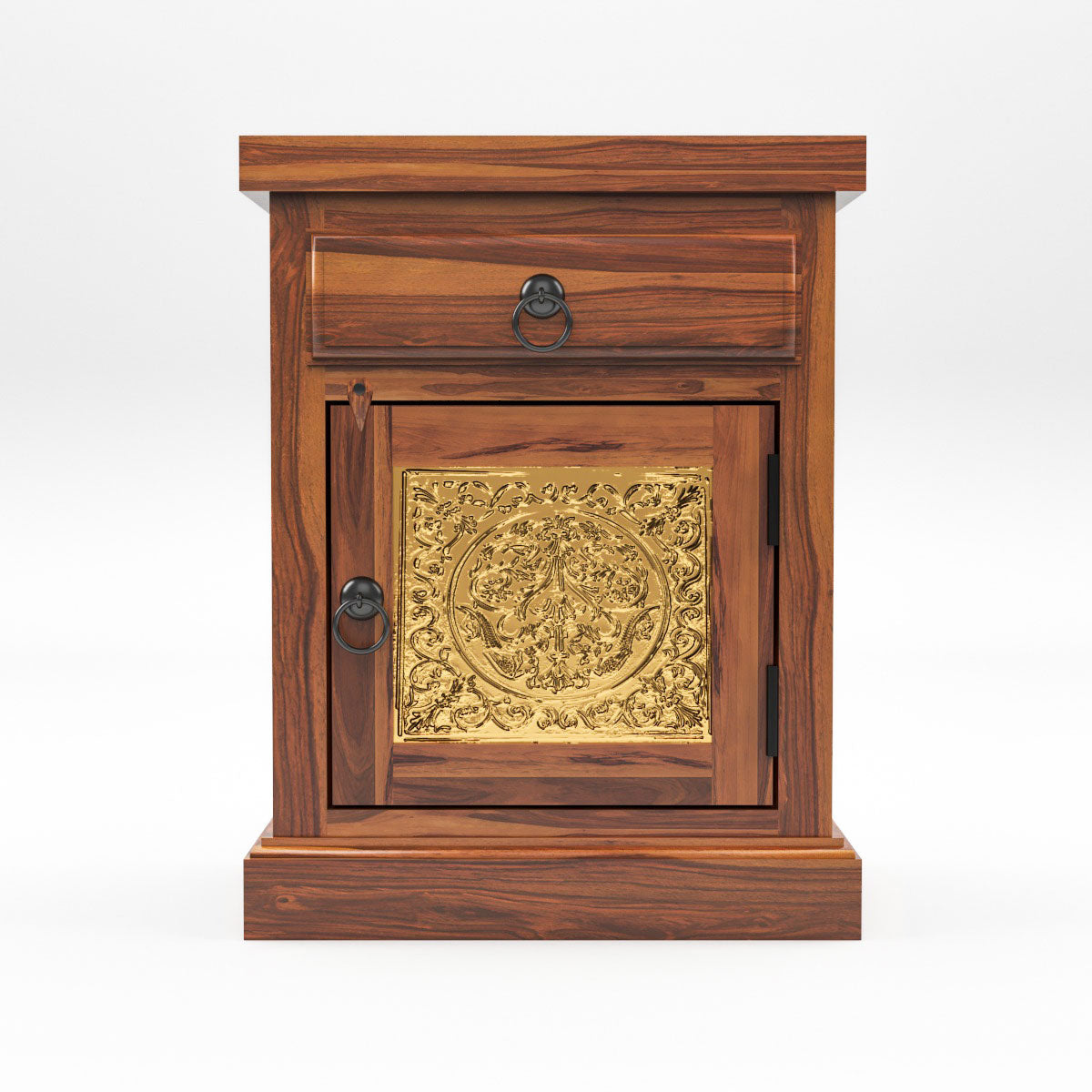 Solid Sheesham Wood Bedside Table with Drawer & Cabinet | Brass Inlay Door