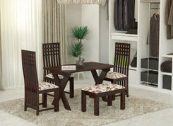 Solid Wood 4 Seater Dining Table Set with Foam Cushioned Chairs & Bench