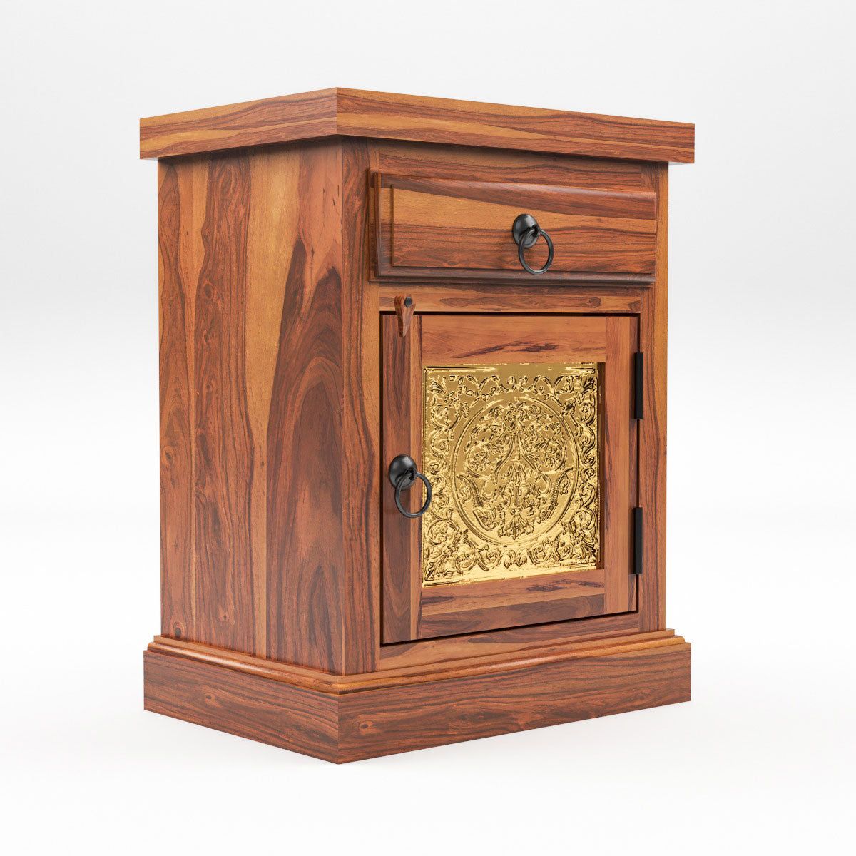 Solid Sheesham Wood Bedside Table with Drawer & Cabinet | Brass Inlay Door