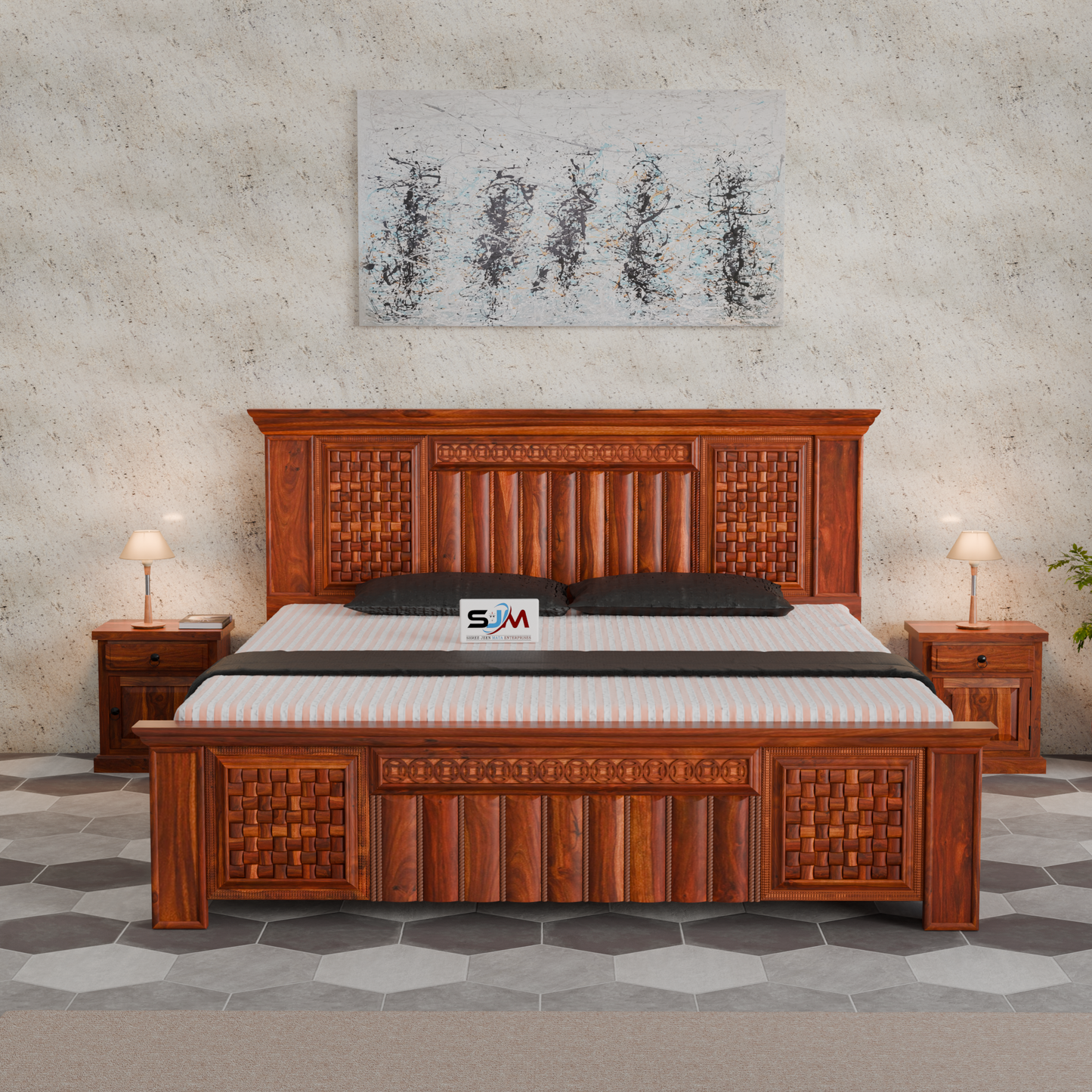 King Size Solid Sheesham Wood Bed with Storage