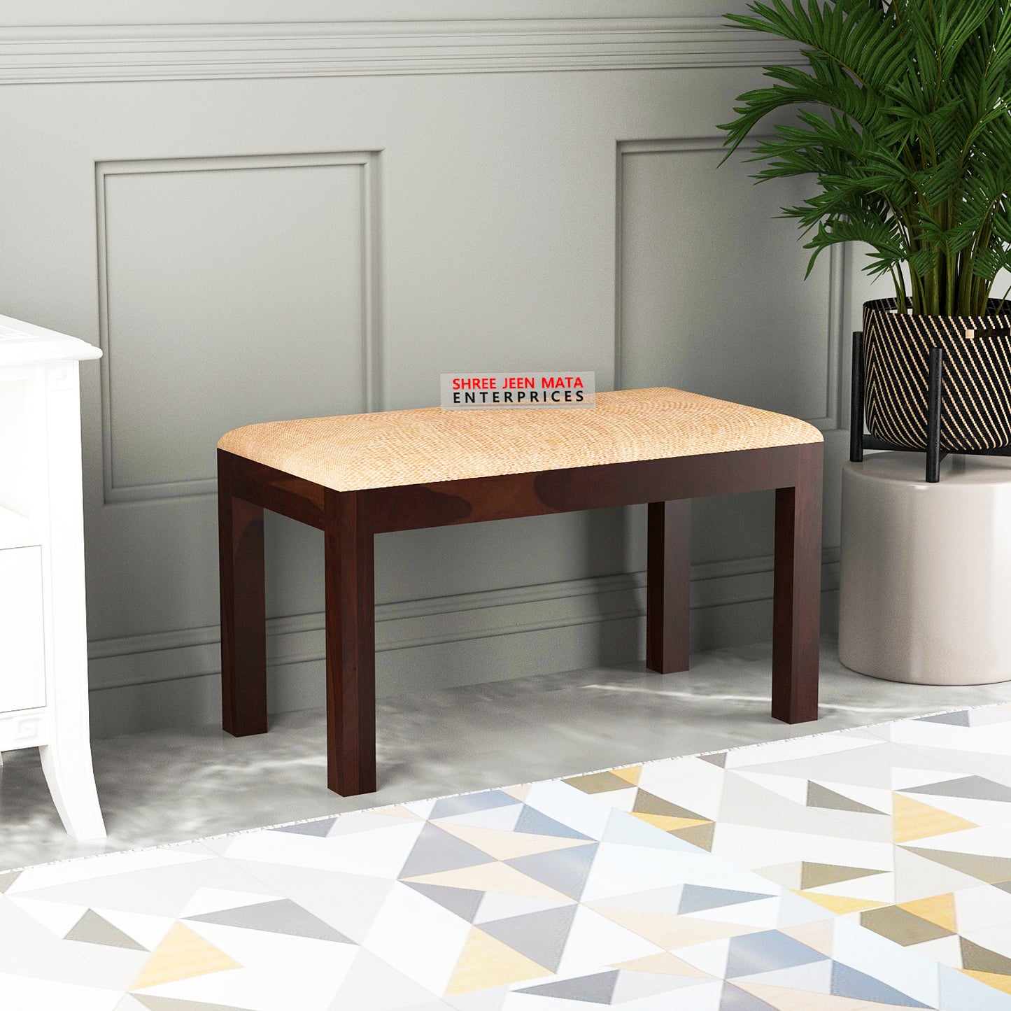 Modern Solid Wood Dining Bench with Upholstered Top