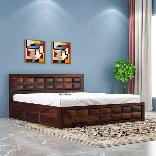 Solid Wood Queen Size Bed with Geometric Panel Headboard