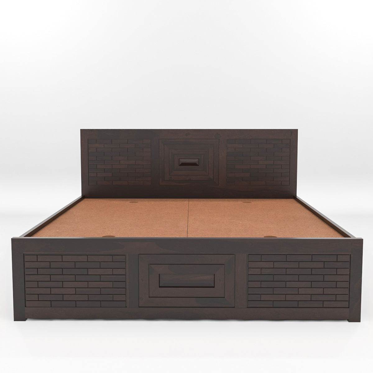Solid Wood Storage Bed with Designer Panel Headboard – King Size Wooden Bed