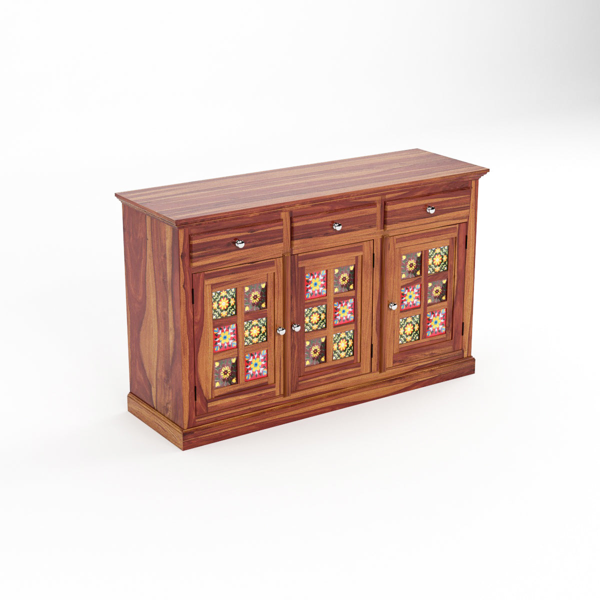 Solid Teak Wood Storage Cabinet with Handcrafted Tile Doors