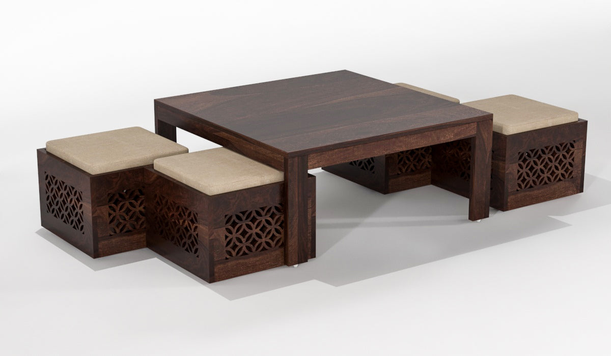 Handcrafted Solid Wood Coffee Table with Carved Ottoman Stools