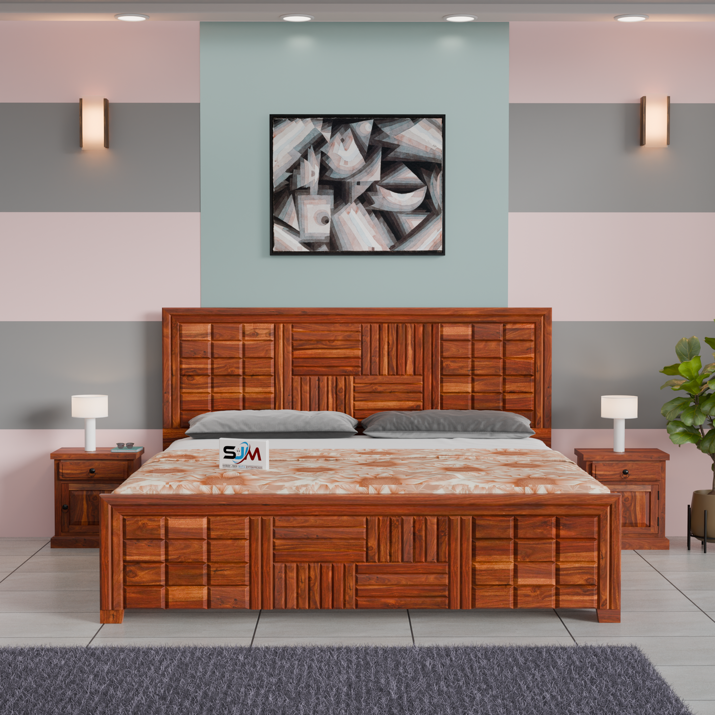 Solid Sheesham Wood Storage Bed with Designer Headboard