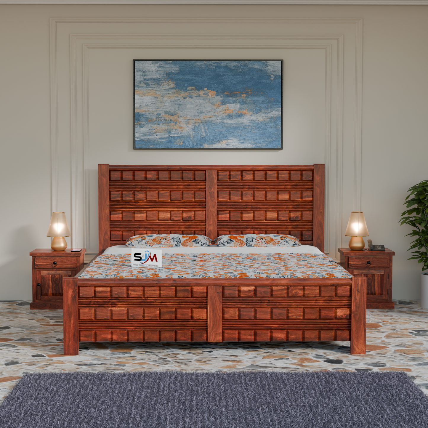 Solid Sheesham Wood Storage Bed with 3D Designer Headboard