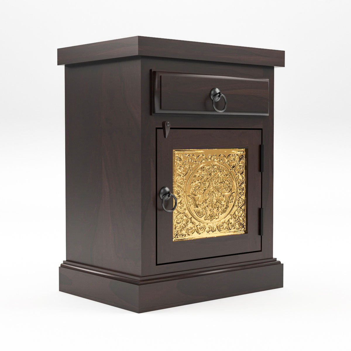 Solid Sheesham Wood Bedside Table with Drawer & Cabinet | Brass Inlay Door