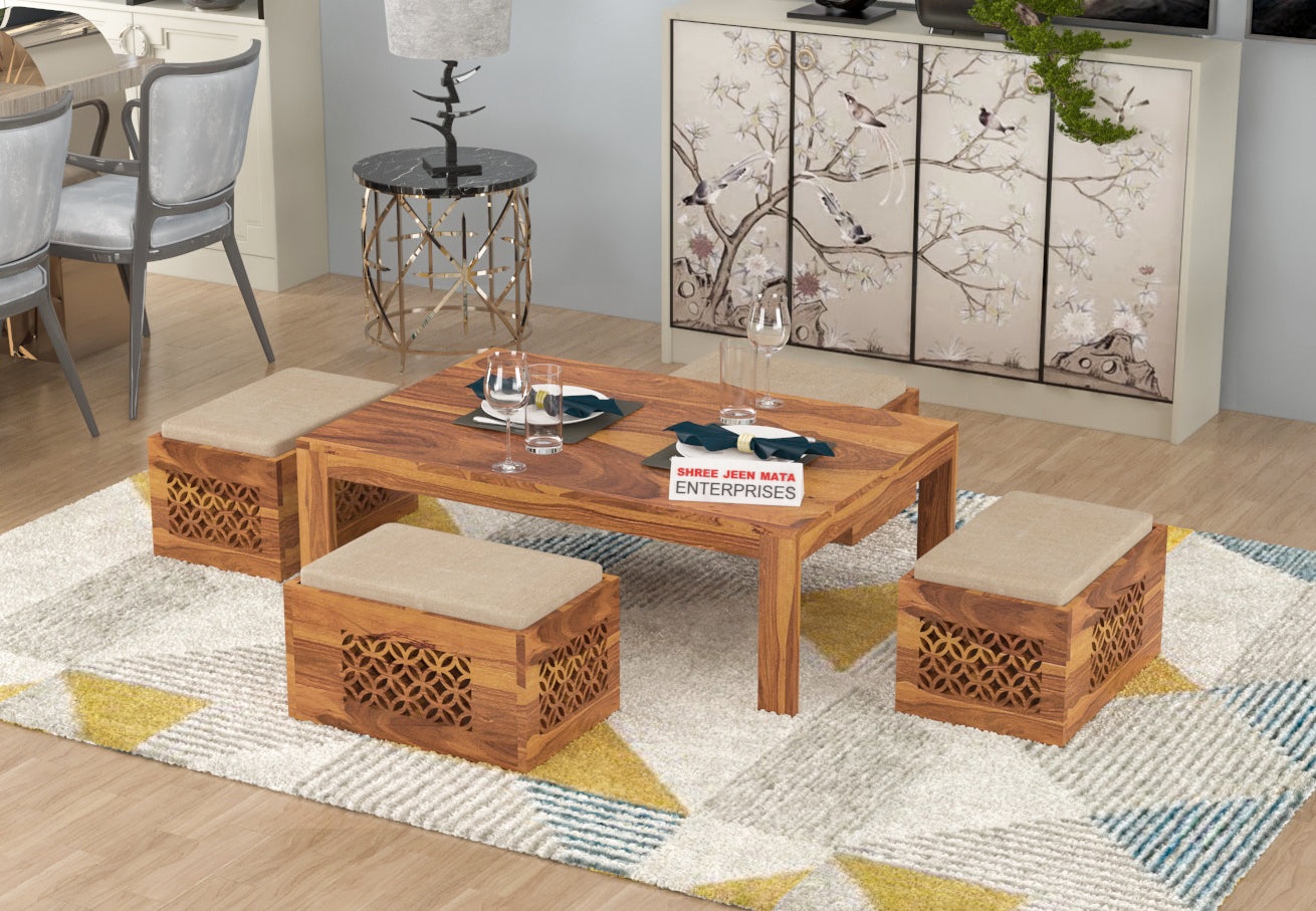 Solid Wood Coffee Table with 4 Stools