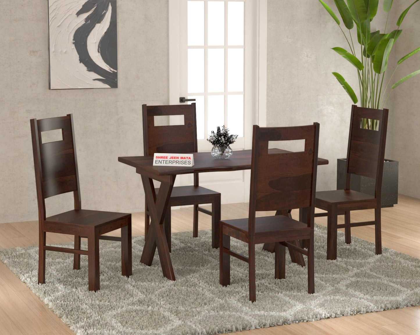 Solid Wood 4 Seater Dining Table Set with Modern Chairs