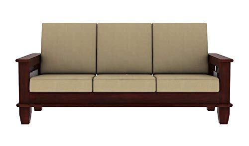 House Wooden Sheesham Teak Wood Sofa Set 3 Seater | Furniture Living Room | 3 Seater Sofa Set Wooden | Office Furniture Sofa Set | Without Pillow | Cream Cushions - Mahogany Finish