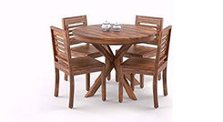 Jeenwood 4 Seater Wooden Dining Table Set | Teak Finish, Square Top, Metal Legs, 4 Chairs - Brown