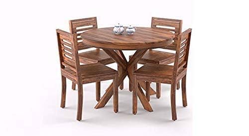 Jeenwood 4 Seater Wooden Dining Table Set | Teak Finish, Square Top, Metal Legs, 4 Chairs - Brown