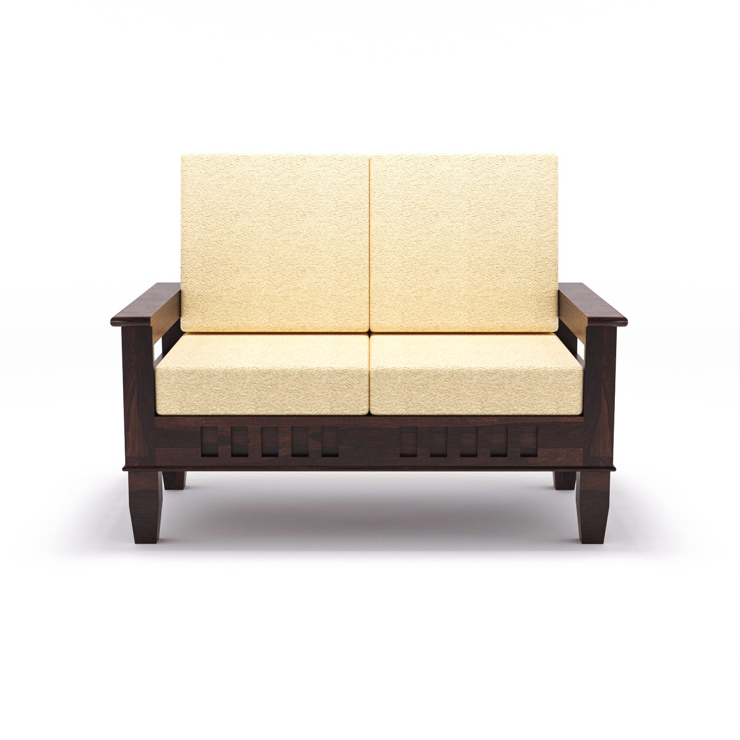Premium Solid Wood 2 Seater Sofa with Cushions | Natural & Walnut Finish