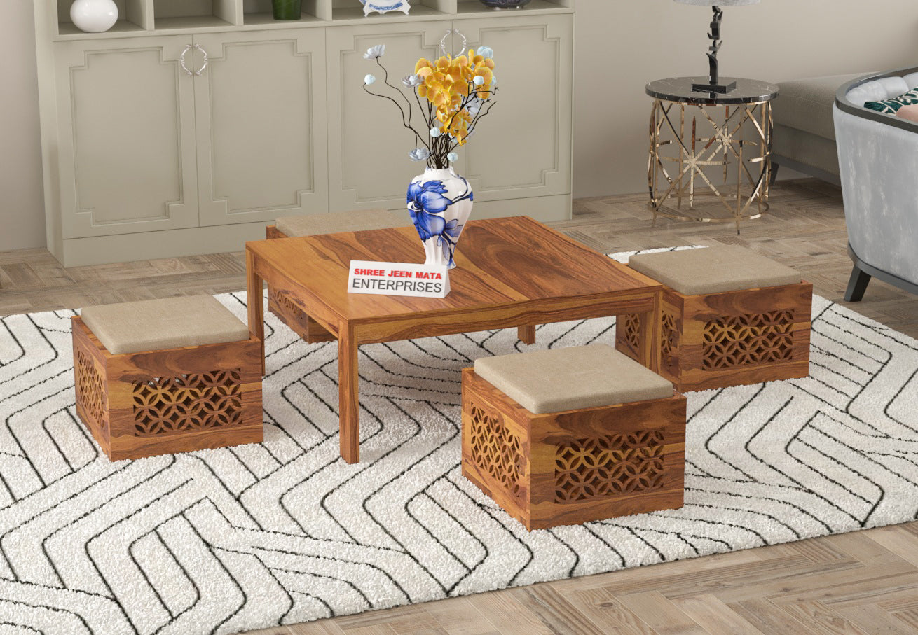 Handcrafted Solid Wood Coffee Table with Carved Ottoman Stools