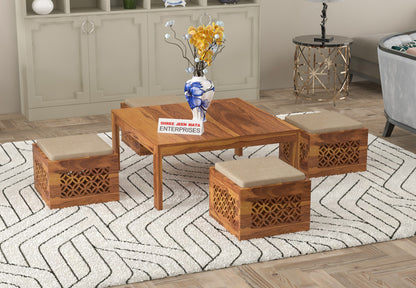 Handcrafted Solid Wood Coffee Table with Carved Ottoman Stools