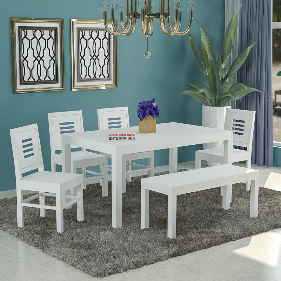 Handcrafted Solid Wood 6 Seater Dining Table Set in White Finish