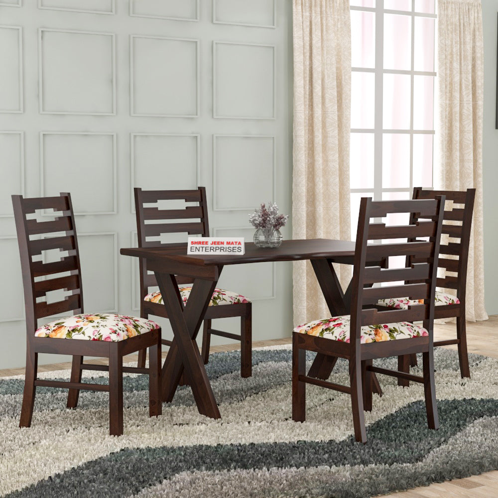 Solid Wood 4 Seater Dining Table Set with Cushioned Chairs
