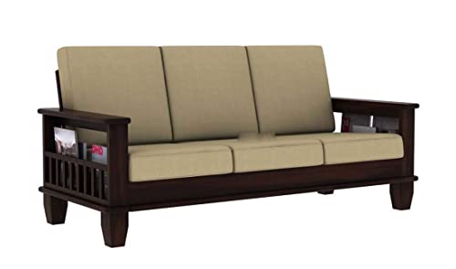 Solid Wooden Sheesham Teak Wood Sofa Set 3 Seater | Home Furniture Living Room | 3 Seater Sofa Set Wooden | Office Furniture Sofa Set | Without Pillow | Cream Cushions - Walnut Finish 1