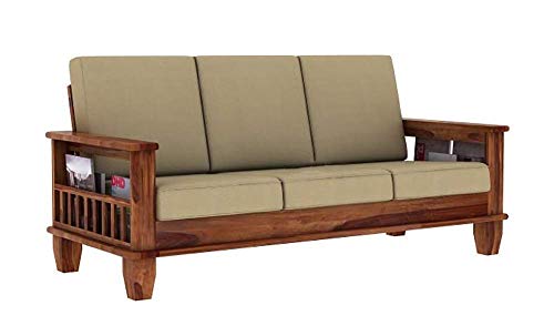 Jeenwood Solid Sheesham Teak Wood 3 Seater Sofa Set with Cream Cushions, Without Pillow, Solid Wood Sofa Set, Three Seater Sofa Set for Home, Living Room, Office - Teak Finish - Teak Finish