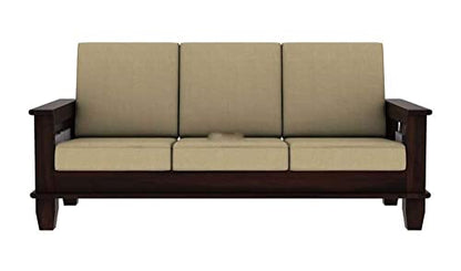 Solid Wooden Sheesham Teak Wood Sofa Set 3 Seater | Home Furniture Living Room | 3 Seater Sofa Set Wooden | Office Furniture Sofa Set | Without Pillow | Cream Cushions - Walnut Finish