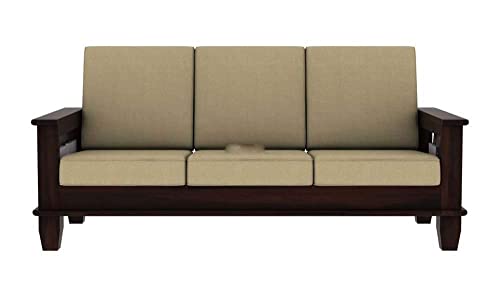 Solid Wooden Sheesham Teak Wood Sofa Set 3 Seater | Home Furniture Living Room | 3 Seater Sofa Set Wooden | Office Furniture Sofa Set | Without Pillow | Cream Cushions - Walnut Finish