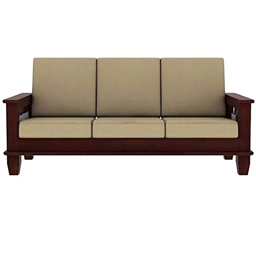 Solid Wooden Sheesham Teak Wood Sofa Set 3 Seater | Home Furniture Living Room | 3 Seater Sofa Set Wooden | Office Furniture Sofa Set | Without Pillow | Cream Cushions - Mahogany Finish 1
