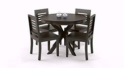 Jeenwood Wood Round Dining Table 4 Seater, Round Table with 4 Chairs Set, Round Dining Table 4 Seater Wooden, 4 Seater Dining Table Set, Dining Room Furniture - Walnut - Walnut Finish
