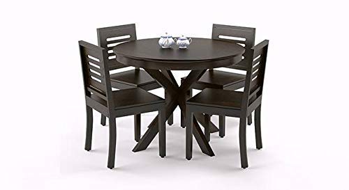 Jeenwood Wood Round Dining Table 4 Seater, Round Table with 4 Chairs Set, Round Dining Table 4 Seater Wooden, 4 Seater Dining Table Set, Dining Room Furniture - Walnut - Walnut Finish