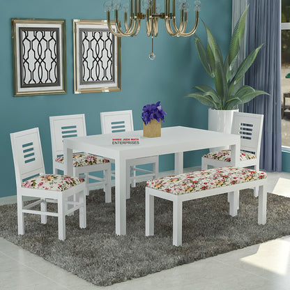 Handcrafted Solid Wood 6 Seater Dining Table Set in White Finish