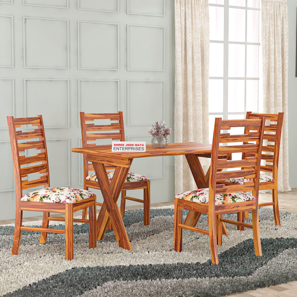 Solid Wood 4 Seater Dining Table Set with Cushioned Chairs
