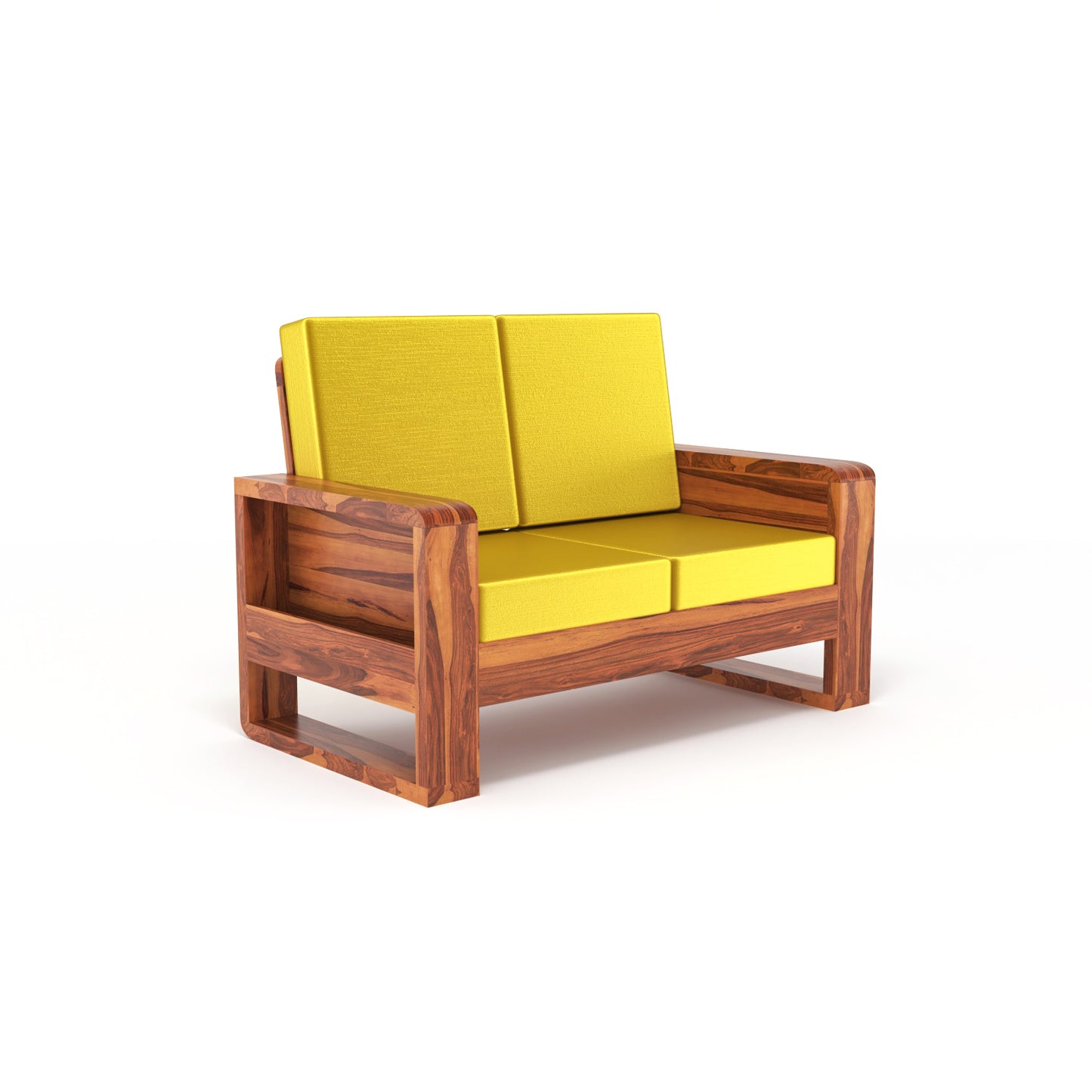 Solid Wood 2 Seater Sofa | Natural & Walnut Finish Wooden Sofa with Cushioned Comfort