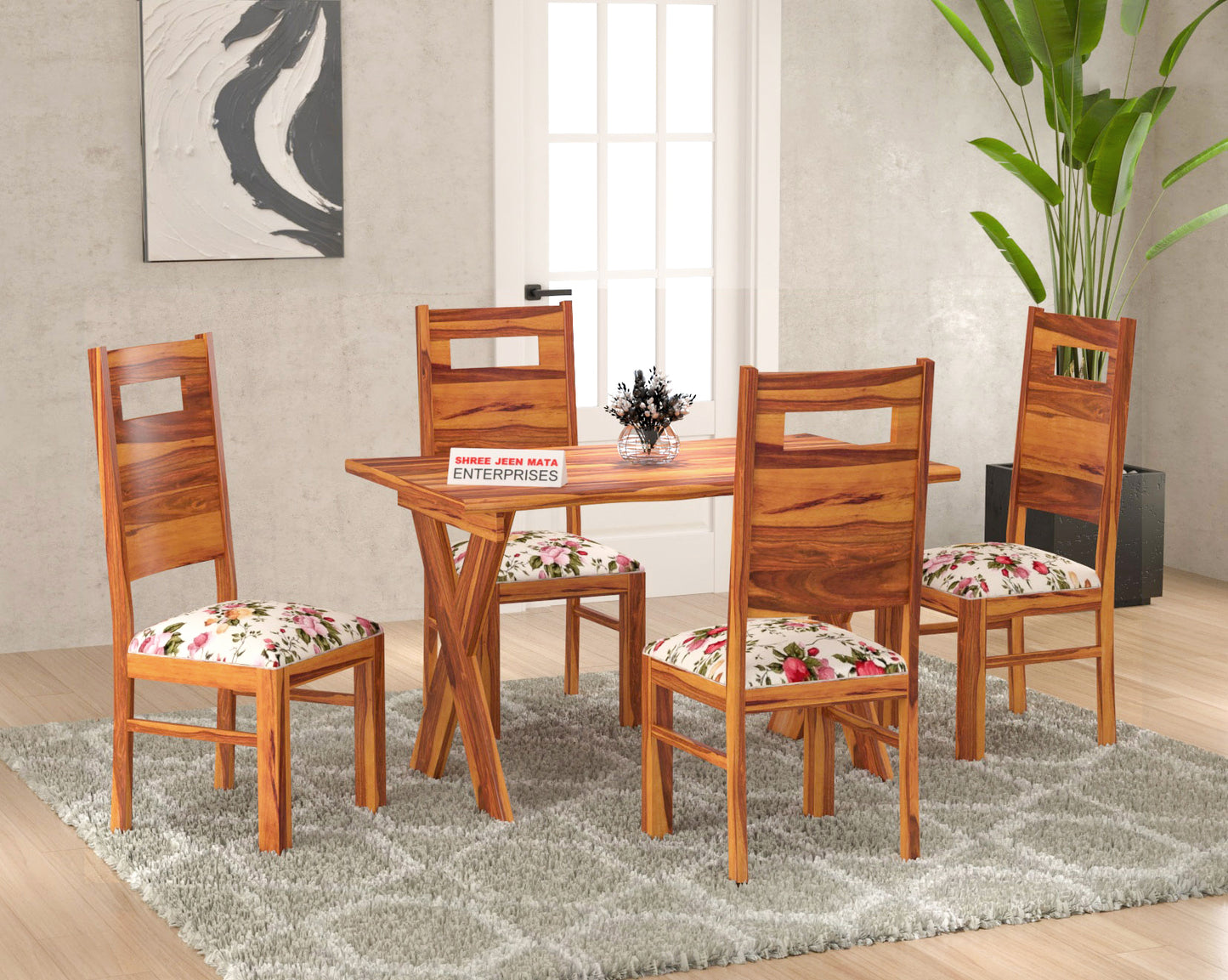 Solid Wood Upholstered Dining Chair with Floral Cushion