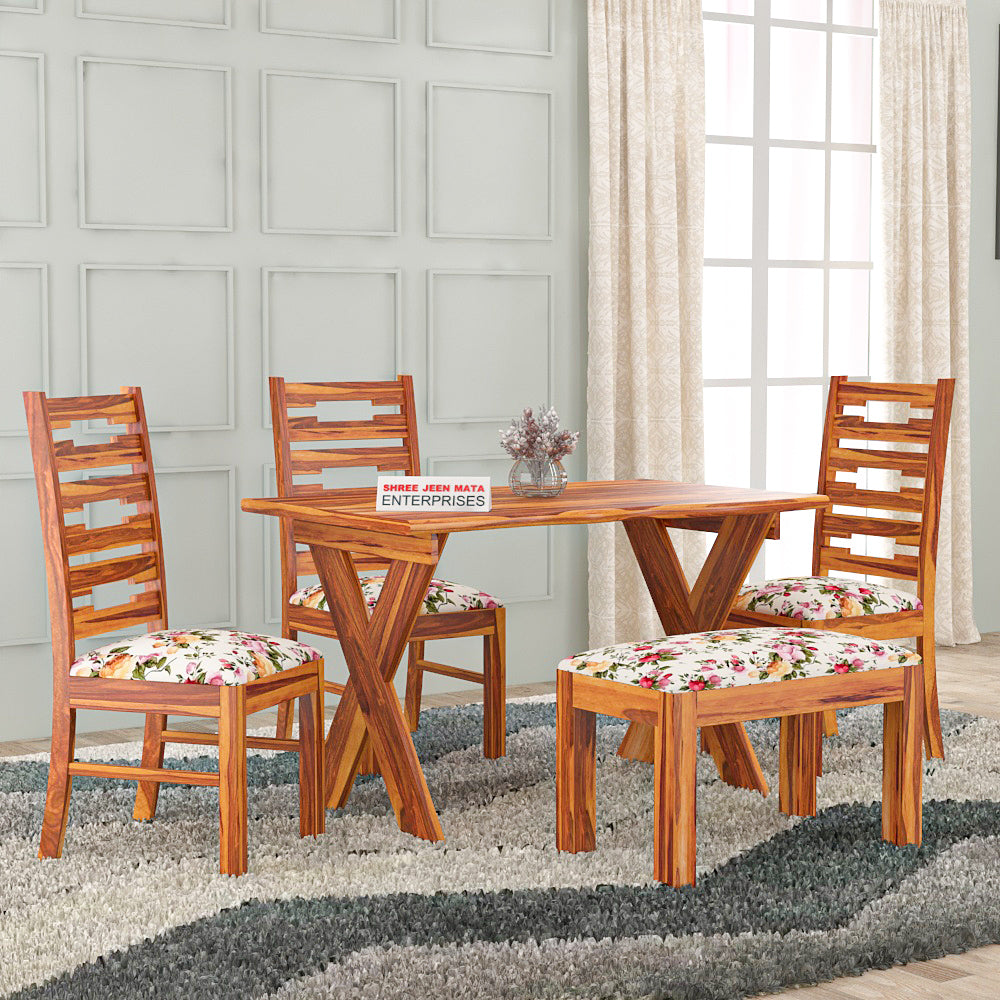 Solid Wood 4 Seater Dining Table Set with 3 Cushioned Chairs and 1 Upholstered Bench