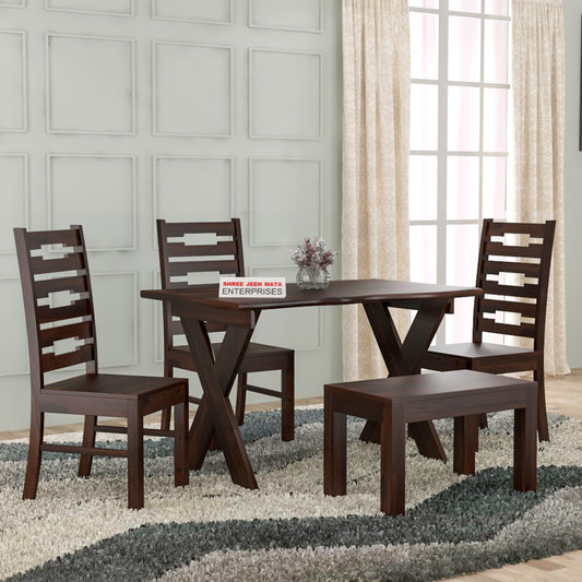 Solid Wood 4 Seater Dining Table Set with 3 Chairs and 1 Bench
