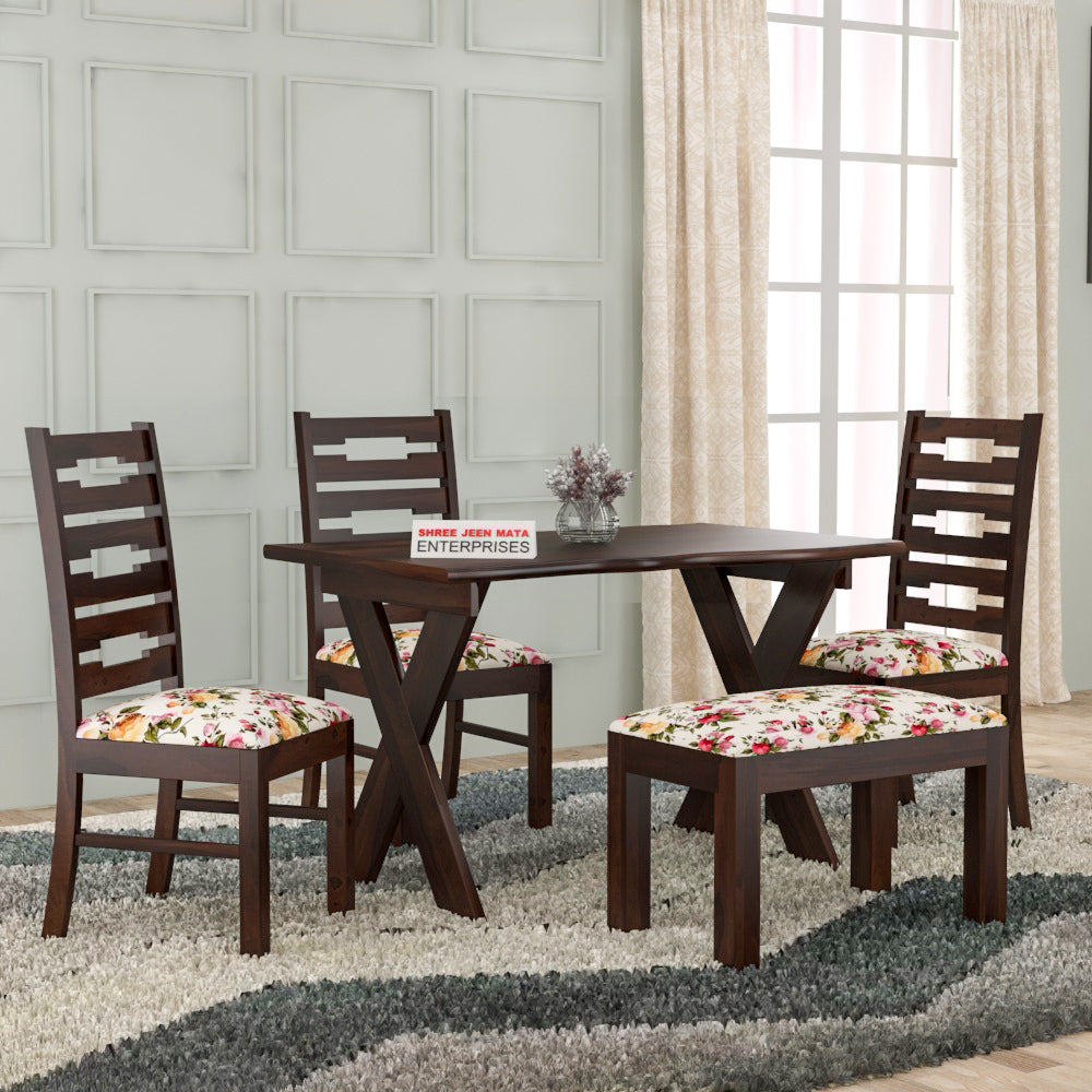 Solid Wood 4 Seater Dining Table Set with 3 Cushioned Chairs and 1 Upholstered Bench