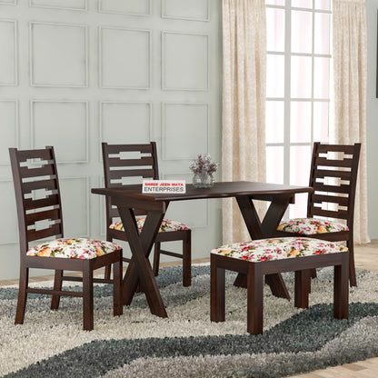 Solid Wood 4 Seater Dining Table Set with 3 Cushioned Chairs and 1 Upholstered Bench